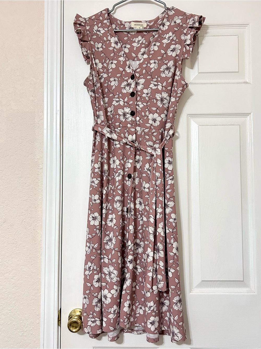 Monteau Mauve Floral Button-Front Midi Dress with Tie